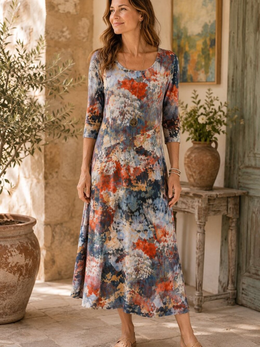 Soft Surroundings Nanette Watercolor Jersey Knit Midi Dress MP Artwear Casual